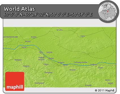 Physical 3D Map of the Area around 60° 16' 48" N, 54° 28' 30" E