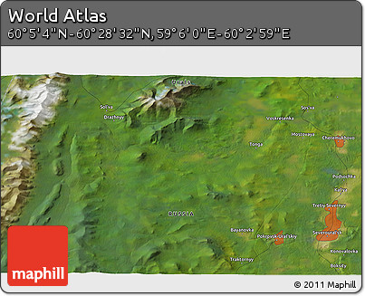 Satellite 3D Map of the Area around 60° 16' 48" N, 59° 34' 30" E