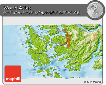 Physical 3D Map of the Area around 60° 16' 48" N, 5° 10' 30" E