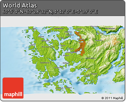 Physical 3D Map of the Area around 60° 16' 48" N, 5° 10' 30" E