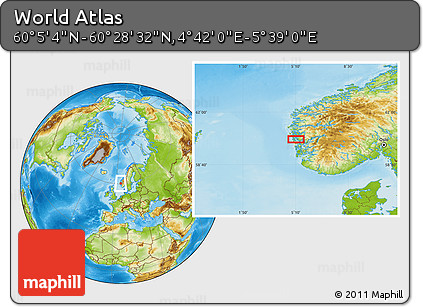 Physical Location Map of the Area around 60° 16' 48" N, 5° 10' 30" E