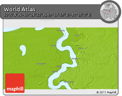 Physical 3D Map of the Area around 60° 16' 48" N, 69° 46' 30" E