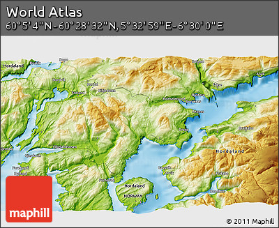 Physical 3D Map of the Area around 60° 16' 48" N, 6° 1' 30" E