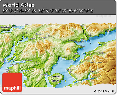 Physical 3D Map of the Area around 60° 16' 48" N, 6° 1' 30" E