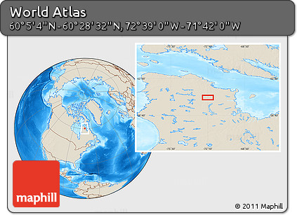 Shaded Relief Location Map of the Area around 60° 16' 48" N, 72° 10' 30" W