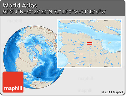 Shaded Relief Location Map of the Area around 60° 16' 48" N, 72° 10' 30" W