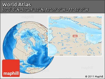 Shaded Relief Location Map of the Area around 60° 16' 48" N, 72° 10' 30" W