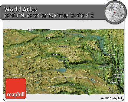 Satellite 3D Map of the Area around 60° 16' 48" N, 8° 34' 29" E
