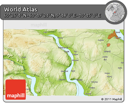 Physical 3D Map of the Area around 60° 37' 44" N, 10° 16' 30" E