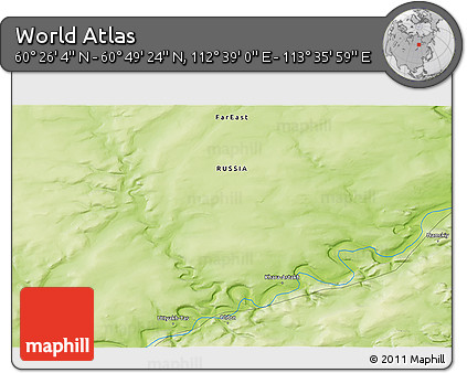 Physical 3D Map of the Area around 60° 37' 44" N, 113° 7' 30" E