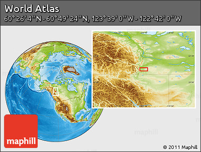 Physical Location Map of the Area around 60° 37' 44" N, 123° 10' 30" W
