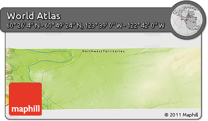Physical Panoramic Map of the Area around 60° 37' 44" N, 123° 10' 30" W