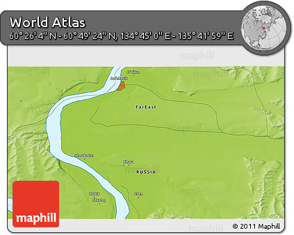Physical 3D Map of the Area around 60° 37' 44" N, 135° 13' 29" E