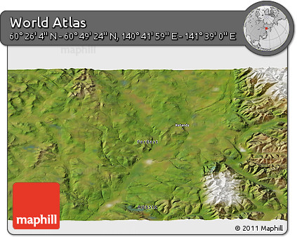 Satellite 3D Map of the Area around 60° 37' 44" N, 141° 10' 30" E