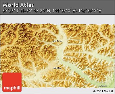 Physical 3D Map of the Area around 60° 37' 44" N, 142° 1' 30" E