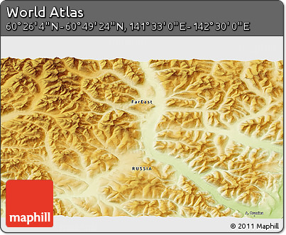 Physical 3D Map of the Area around 60° 37' 44" N, 142° 1' 30" E