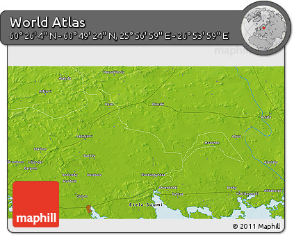 Physical 3D Map of the Area around 60° 37' 44" N, 26° 25' 29" E