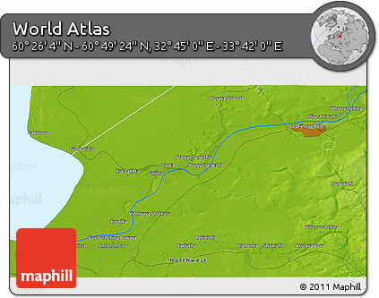 Physical 3D Map of the Area around 60° 37' 44" N, 33° 13' 30" E