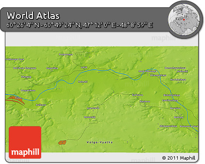 Physical 3D Map of the Area around 60° 37' 44" N, 47° 40' 29" E