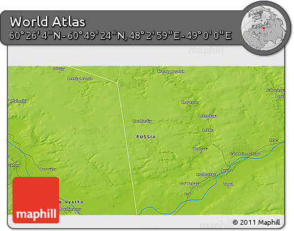Physical 3D Map of the Area around 60° 37' 44" N, 48° 31' 29" E