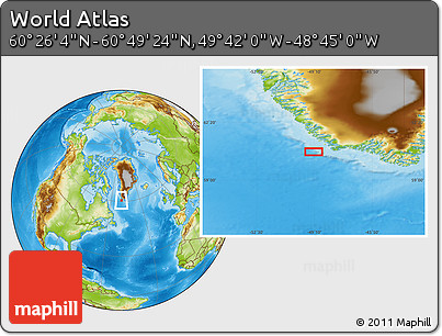 Physical Location Map of the Area around 60° 37' 44" N, 49° 13' 30" W