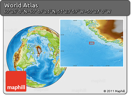 Physical Location Map of the Area around 60° 37' 44" N, 50° 55' 29" W