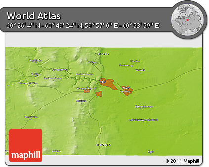 Physical 3D Map of the Area around 60° 37' 44" N, 60° 25' 29" E