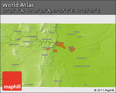 Physical 3D Map of the Area around 60° 37' 44" N, 60° 25' 29" E