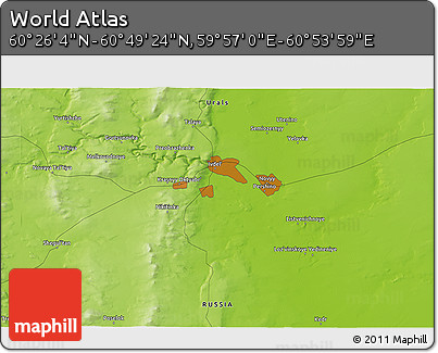 Physical 3D Map of the Area around 60° 37' 44" N, 60° 25' 29" E