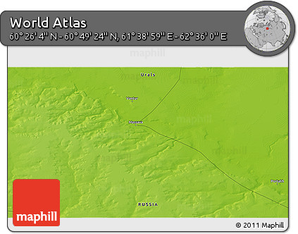 Physical 3D Map of the Area around 60° 37' 44" N, 62° 7' 30" E