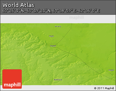 Physical 3D Map of the Area around 60° 37' 44" N, 62° 7' 30" E