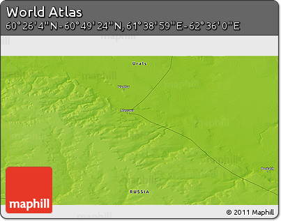 Physical 3D Map of the Area around 60° 37' 44" N, 62° 7' 30" E