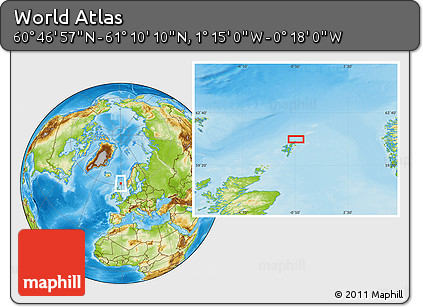 Physical Location Map of the Area around 60° 58' 34" N, 0° 46' 30" W
