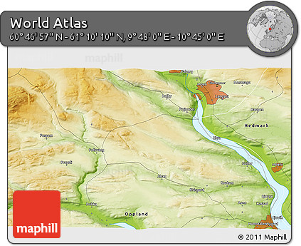Physical 3D Map of the Area around 60° 58' 34" N, 10° 16' 30" E