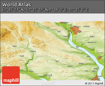 Physical 3D Map of the Area around 60° 58' 34" N, 10° 16' 30" E