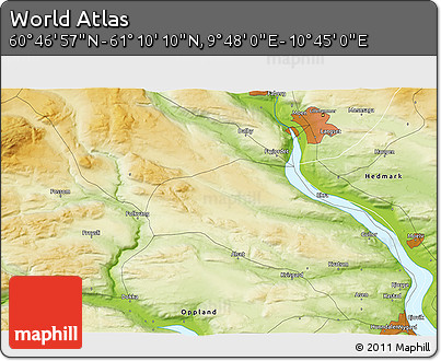 Physical 3D Map of the Area around 60° 58' 34" N, 10° 16' 30" E