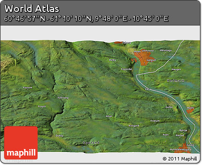 Satellite 3D Map of the Area around 60° 58' 34" N, 10° 16' 30" E