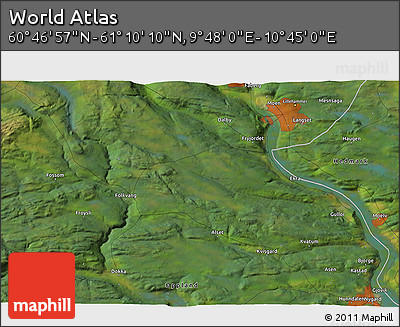 Satellite 3D Map of the Area around 60° 58' 34" N, 10° 16' 30" E