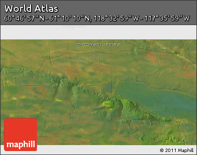 Satellite 3D Map of the Area around 60° 58' 34" N, 118° 4' 29" W