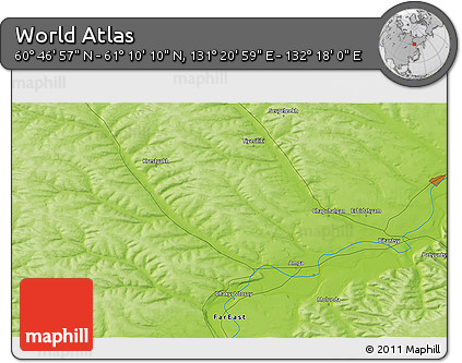Physical 3D Map of the Area around 60° 58' 34" N, 131° 49' 29" E