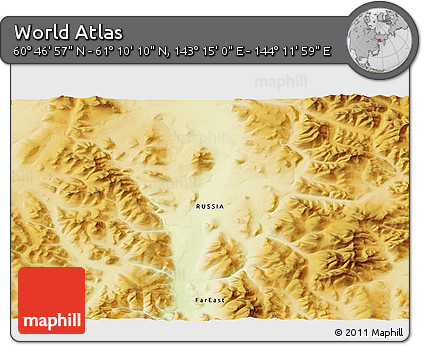 Physical 3D Map of the Area around 60° 58' 34" N, 143° 43' 29" E