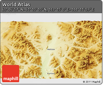 Physical 3D Map of the Area around 60° 58' 34" N, 143° 43' 29" E