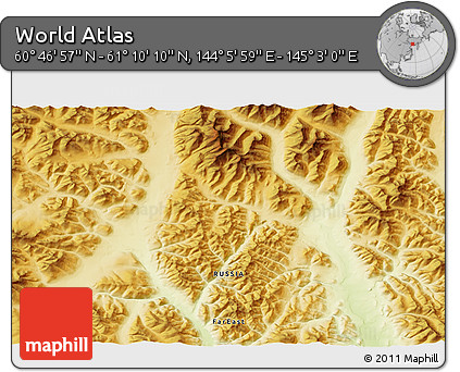 Physical 3D Map of the Area around 60° 58' 34" N, 144° 34' 29" E
