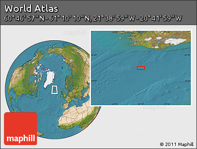 Satellite Location Map of the Area around 60° 58' 34" N, 21° 10' 29" W