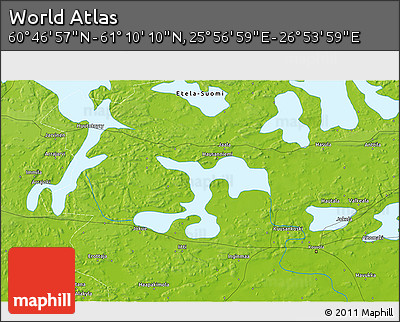 Physical 3D Map of the Area around 60° 58' 34" N, 26° 25' 29" E