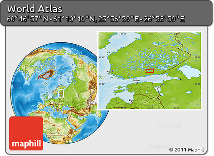 Physical Location Map of the Area around 60° 58' 34" N, 26° 25' 29" E