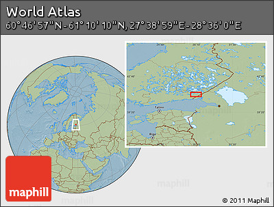 Savanna Style Location Map of the Area around 60° 58' 34" N, 28° 7' 30" E, hill shading