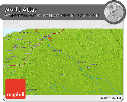 Physical 3D Map of the Area around 60° 58' 34" N, 28° 58' 30" E