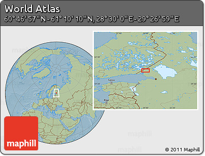 Savanna Style Location Map of the Area around 60° 58' 34" N, 28° 58' 30" E, hill shading