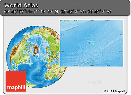 Physical Location Map of the Area around 60° 58' 34" N, 32° 13' 30" W